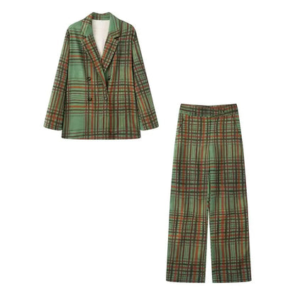 Women's Casual Green Striped Blazer Suit Set - Spring Summer Two Piece Outfit, Comfortable Wide Leg Pants for Travel