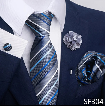 Luxury Mens Ties Floral Black Gold Ties Paisley NeckTie Pocket Square Cufflinks Brooch Set Men's Wedding Party Tie