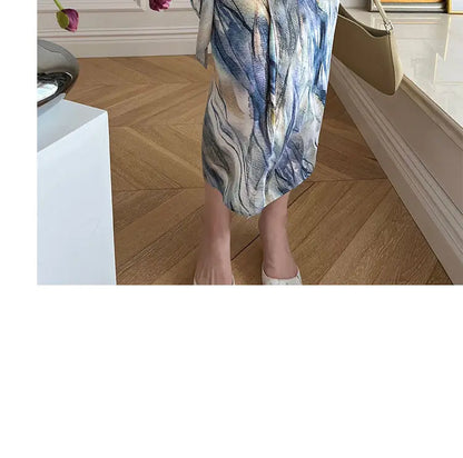 Spring Autumn New Fashion Dress Sets Women Turn-down Collar Long Sleeve Button Printing Shirt Lacing Mid-length A-line Skirt