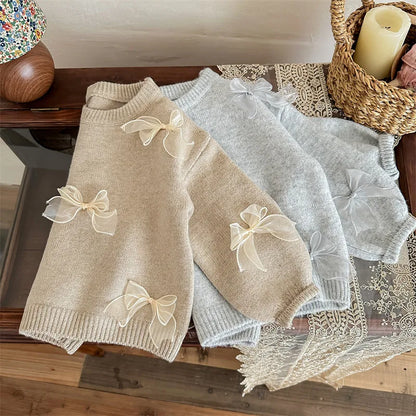 Korean Style Children Clothing Autumn New Girl Baby Toddler Solid Bow Sweaters Winter Fashion Sweet Kid Princess Knitted Sweater