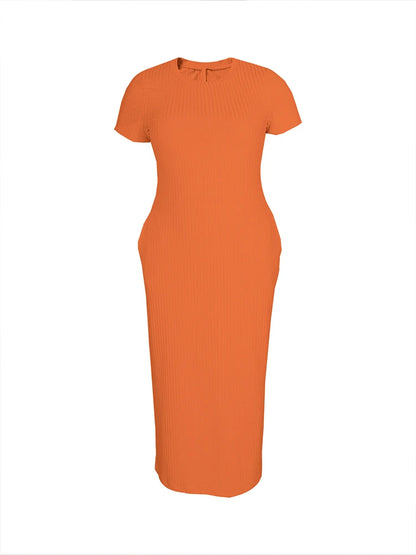 Plus Size 2024 Summer New Round Neck Short Sleeve Slim Hottie  Ladies' Stylish Summer Solid Versatile Bodycon Dress