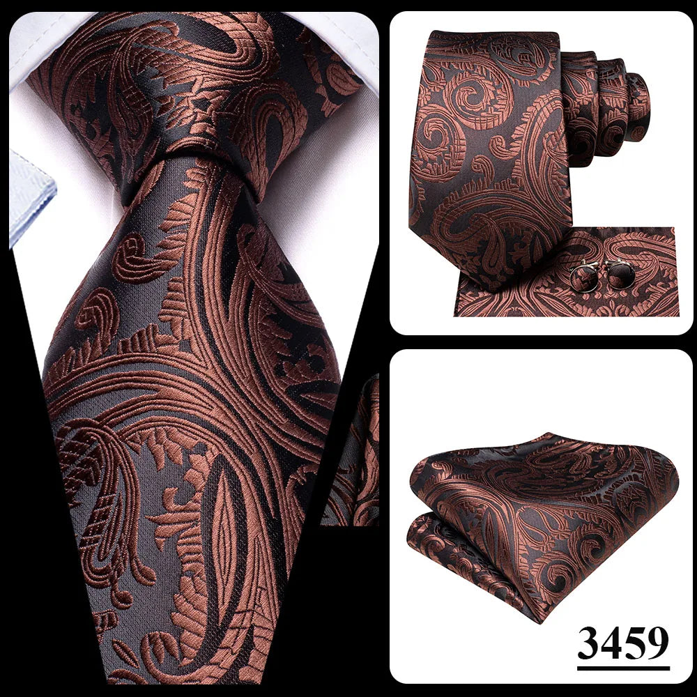 Hi-Tie Paisley Brown Tie For Men Elegant Mens Necktie Pocket Square Cufflink Groom Wedding Accessory Wholesale New Designer