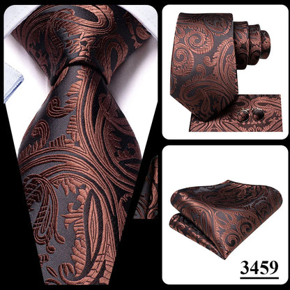 Hi-Tie Paisley Brown Tie For Men Elegant Mens Necktie Pocket Square Cufflink Groom Wedding Accessory Wholesale New Designer