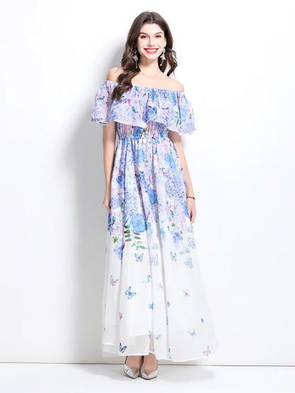 Summer French Floral Chiffon Dress Women Off Shoulder Slim High Quality Sheer Elastic Spring Vacation Print Ruffles Long Dresses