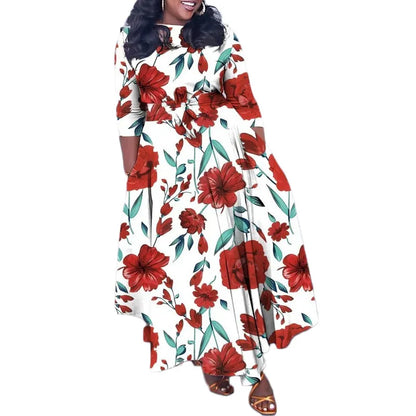 Women's 2024 Autumn New Style Fashionable Elegant Temperament Fashionable Printed Strap Waist Large Skirt Large Size Dress