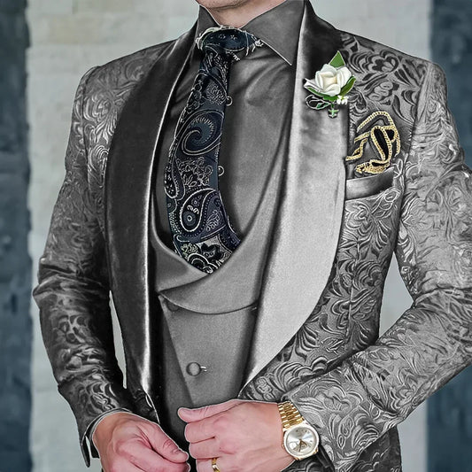 Jacquard Men's 3-piece Suit Set Formal Party Dress Groom Tuxedo High Quality Elegant Men Terno Masculino  Costume Homme Mariage