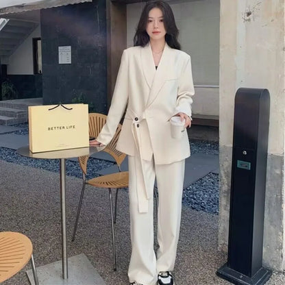 Women's Korean Fashion Long Sleeve Blazer And Wide Leg Pants Two-Piece Set Office Casual Loose Fit Spring Autumn Suits