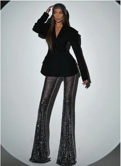 2024 Stylish Woman Oversize Suit Coat And Shining Diamonds Mesh Pants 2 Pieces Set Fashion Woman High Street Wear Party Outfit