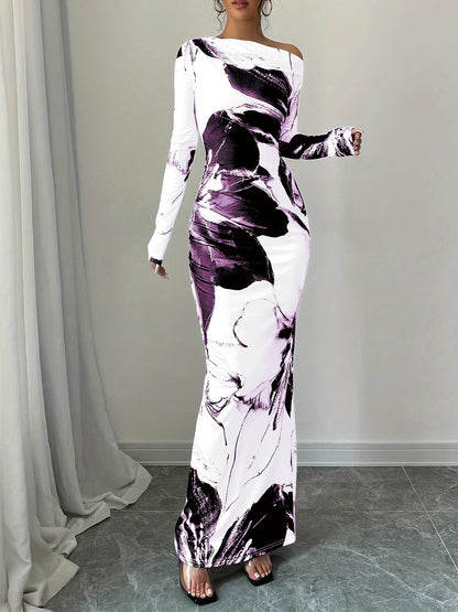 Spring and summer new women's off shoulder slim fit sexy dress, stylish and elegant printed tight fitting long skirt