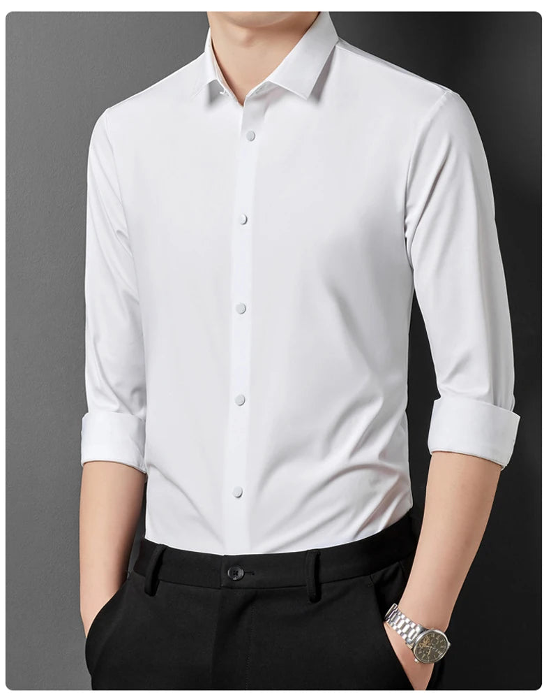 Men's High Quality Solid High Elasticity Seamless Comfortable Long Sleeve Shirts Slim Social Casual Business Formal Dress Shirt