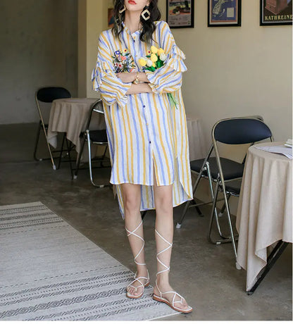 Spring Summer Floral Embroidery Dresses Contrasting Colors Striped Female Single-breasted Ruffles Spliced Straight Midi Dress