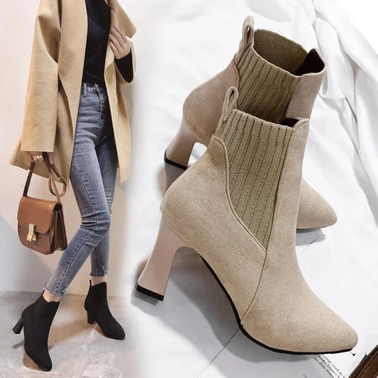 Ankle Boots Women 2024 Autumn Pointed Toe Knitted Warm Elastic Women's Shoes Casual High Heels Platform Boots Botas De Mujer