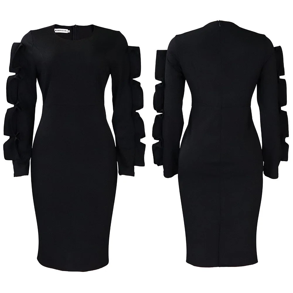 Elegant Office Dresses for Woman 2024 New O Neck Petal Sleeve Sheath Package Hips Mid Calf Formal Business Work Wear Dress Midi