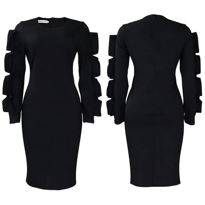 Elegant Office Dresses for Woman 2024 New O Neck Petal Sleeve Sheath Package Hips Mid Calf Formal Business Work Wear Dress Midi