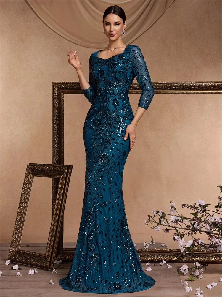 Luxury Champagne Evening Dress Women 2024 Long Mermaid Formal Sequins V-neck Prom Elegant Wedding Party Cocktail Gown