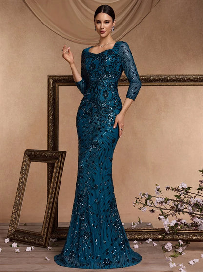 Luxury Champagne Evening Dress Women 2024 Long Mermaid Formal Sequins V-neck Prom Elegant Wedding Party Cocktail Gown