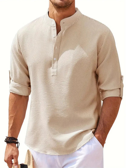 Men's Spring Shirts Solid Color Casual Henry Neck Long Sleeve Outdoor Simple Male Waffle top Thin Button Tops