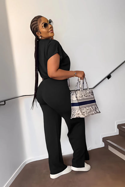 Women Casual Round Neck Drawstring Short Sleeve Top & High Waist Pants Set Summer Solid Two Piece Suit Sets Outfits Set Female