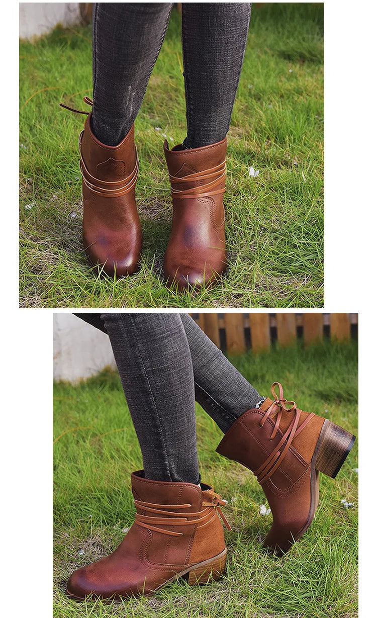 Women Boots 2022 Autumn Vintage Boots Women Chunky Heels Lace-up Booties  Heeled Ankle Boots Botas De Mujer