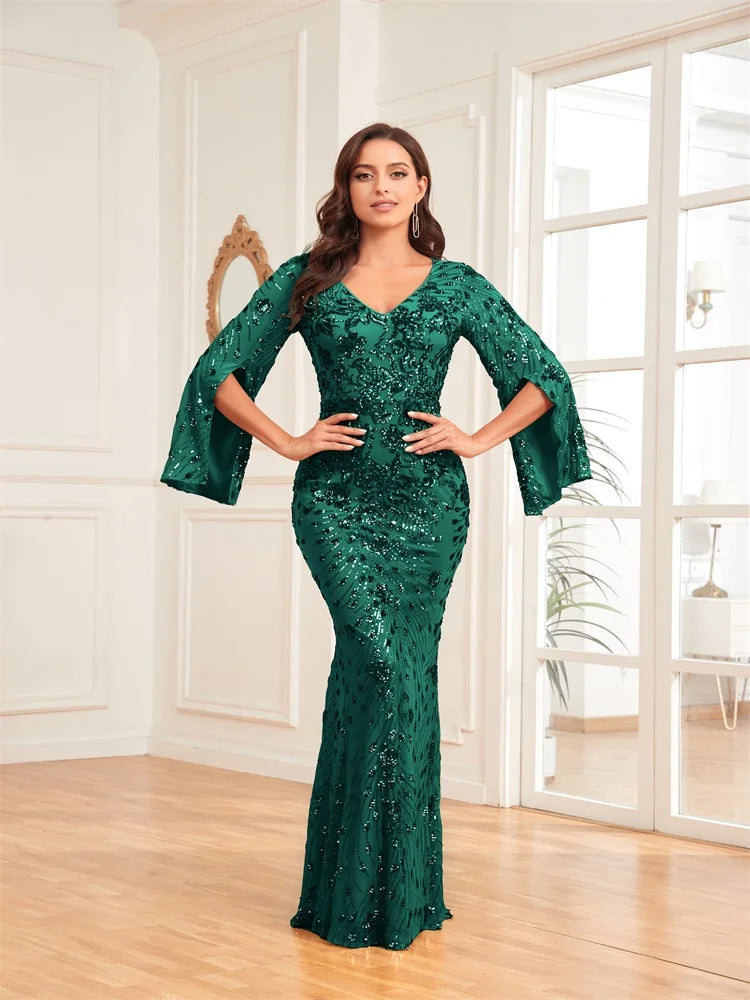 Lucyinlove Luxury Champagne Evening Dresses For Women 2025 Long Sleeve Mermaid Formal Sequins V-neck Prom Wedding Party Gowns