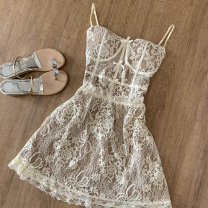 Spring Sleeveless Lace Dress Women Elegant Spaghetti Strap Slim Fit Floral Lace Party Dress Sexy Chic Casual Dress Outfit 2025