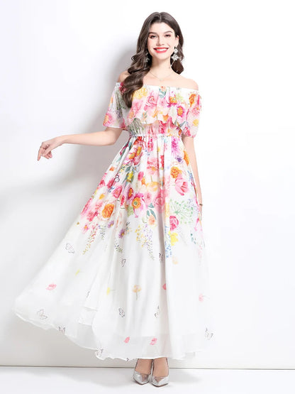 Summer French Floral Chiffon Dress Women Off Shoulder Slim High Quality Sheer Elastic Spring Vacation Print Ruffles Long Dresses
