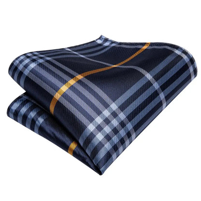 Hi-Tie Designer Silk Wedding Tie For Men Blue White Plaid Handky Cufflink Set Fashion Necktie For Men Business Party Wholesale