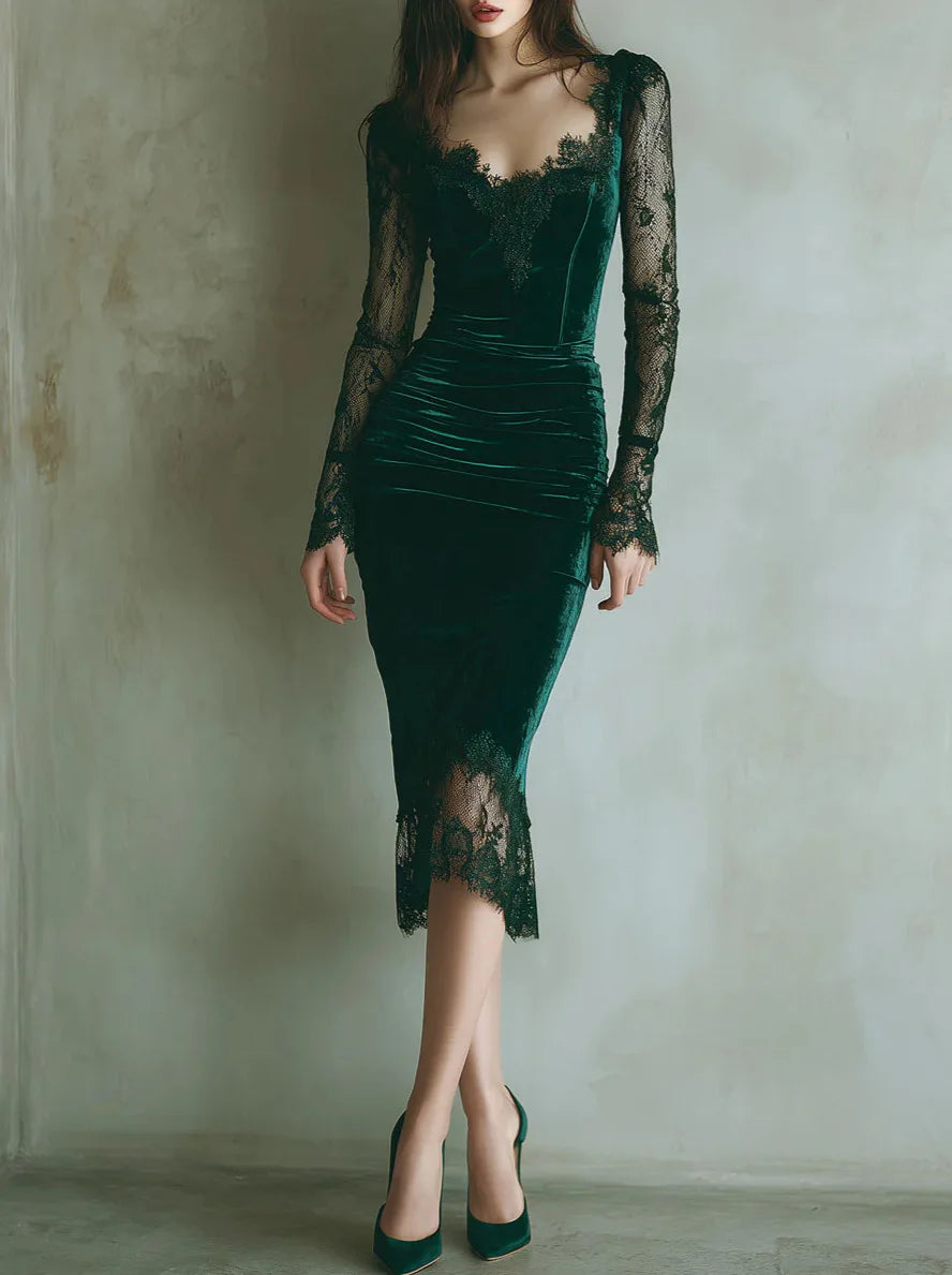 Women’s Velvet Ruched Bodycon Midi Dress with Square Neck and Sheer Mesh Long Sleeve Slim Fit Elegant Party Dress