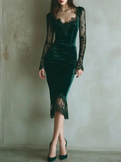 Women’s Velvet Ruched Bodycon Midi Dress with Square Neck and Sheer Mesh Long Sleeve Slim Fit Elegant Party Dress
