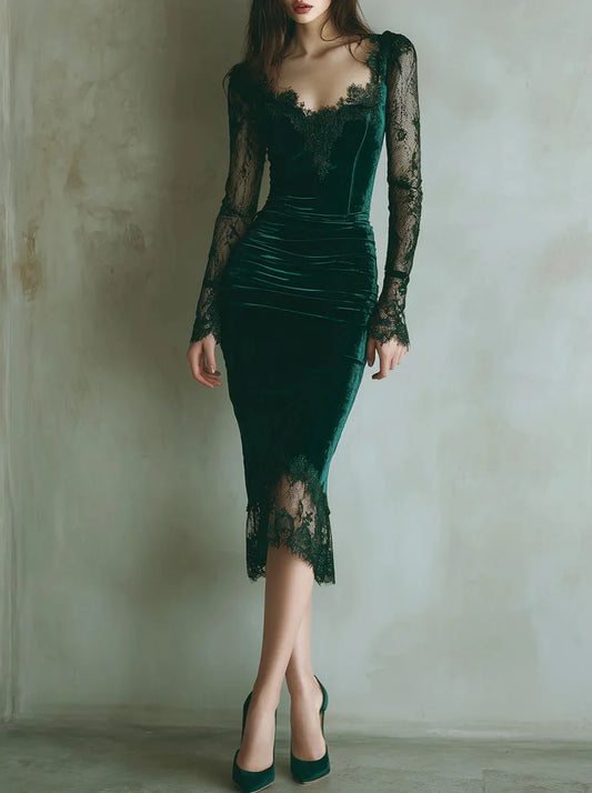 Women’s Velvet Ruched Bodycon Midi Dress with Square Neck and Sheer Mesh Long Sleeve Slim Fit Elegant Party Dress