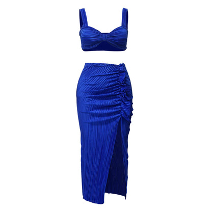 Summer Dresses for Women Two Pieces Set Sexy Backless Halter Top and High Waist Side Slit Pleated Skirt Matching Lady Streetwear
