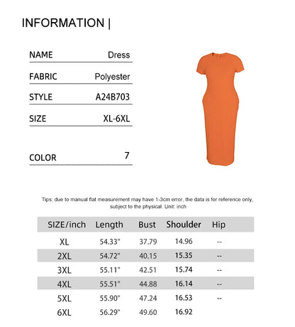 Plus Size 2024 Summer New Round Neck Short Sleeve Slim Hottie  Ladies' Stylish Summer Solid Versatile Bodycon Dress