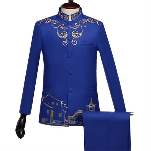 New Men Standing Collar Embroidered Suit 2 Piece Fashion Male Business Social Wedding Prom Stage Performance Dress Blazer Pant