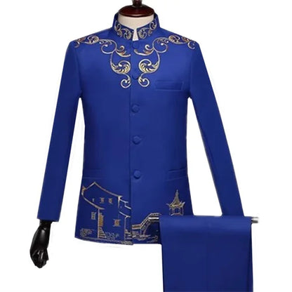 New Men Standing Collar Embroidered Suit 2 Piece Fashion Male Business Social Wedding Prom Stage Performance Dress Blazer Pant