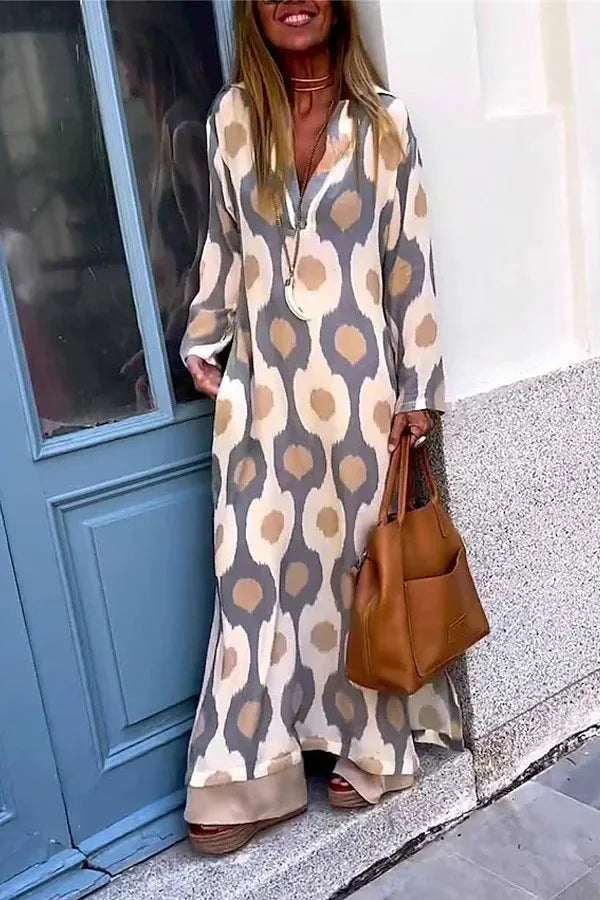Spring Autumn Casual V Neck Long Sleeve Dress Women Fashion Geometric Printing Split Maxi Dresses Holiday Beach Boho Dress 2024