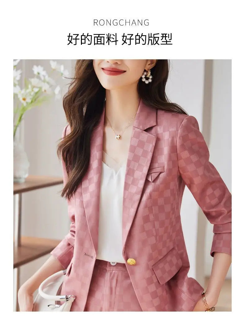 Women's Spring Autumn New Fashion Plaid Professional Suit Jacket Matching Set Korean Elegant Casual Blazers Pants Two Piece