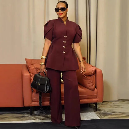 Vintage Elegant Two Piece Set Women Matching Sets Office Lady Single-breasted Puff Sleeve Blazer Coat and Wide Leg Pant Suits
