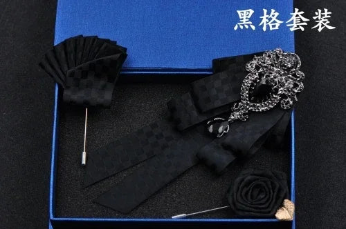 Fashion Handmade Bow Tie Wedding Collar Luxury Rhinestone Bowtie Necktie Brooch Pocket Towel Square Set Gift for Men Accessories