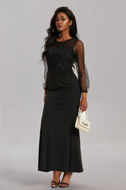 Mesh Patchwork Dress Womens Fashion Round Neck Long Sleeve Slim Elegant Dress Women