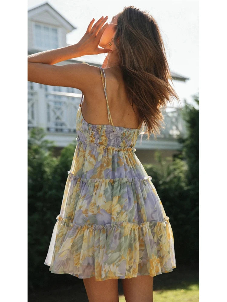 Spring Summer Print Floral Dress for Women Chiffon Strapless Sleeve Backless Ruffles Mini Dress Chic Lady Beach Vacation 2025 Fa