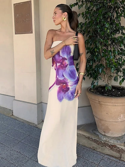 Spring/Summer Fashion Floral Print Bustier Dress Elegant Sleeveless Backless Loose A-Line Skirt Women's Casual Comfortable Dress