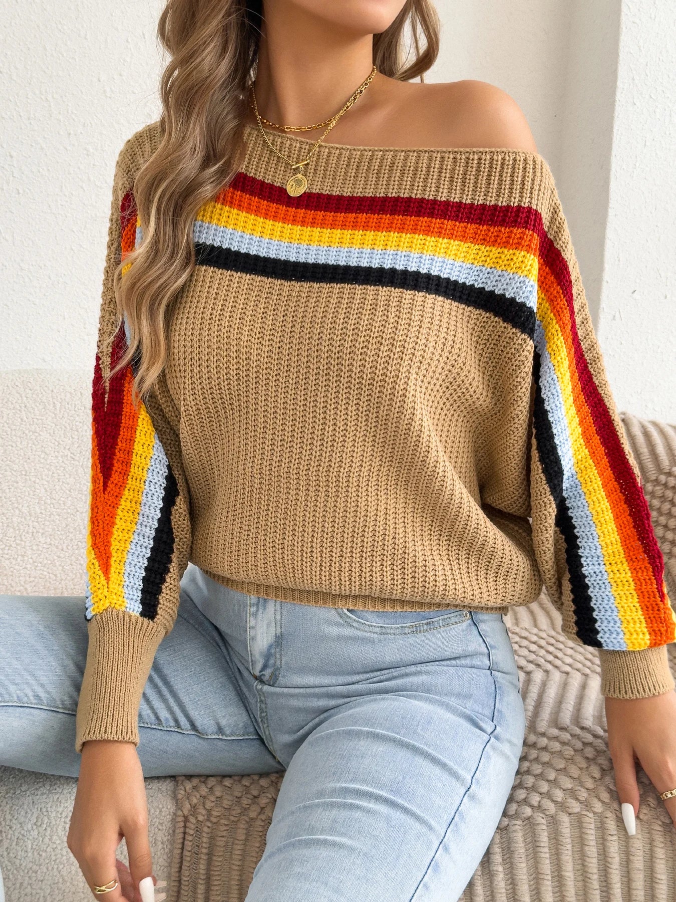 2025 Fashion Contrast Color Striped Sweaters Women Autumn Winter Casual Round Neck Lantern Long Sleeve Knitted Pullover