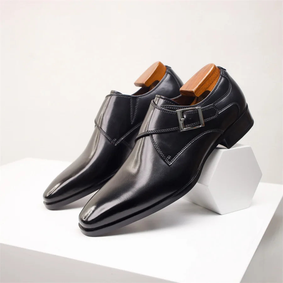 Newest Men's Cow Leather Shoes Buckle Pointed Dress Shoes Men Classic Business Formal Social Office Party Wedding Shoes