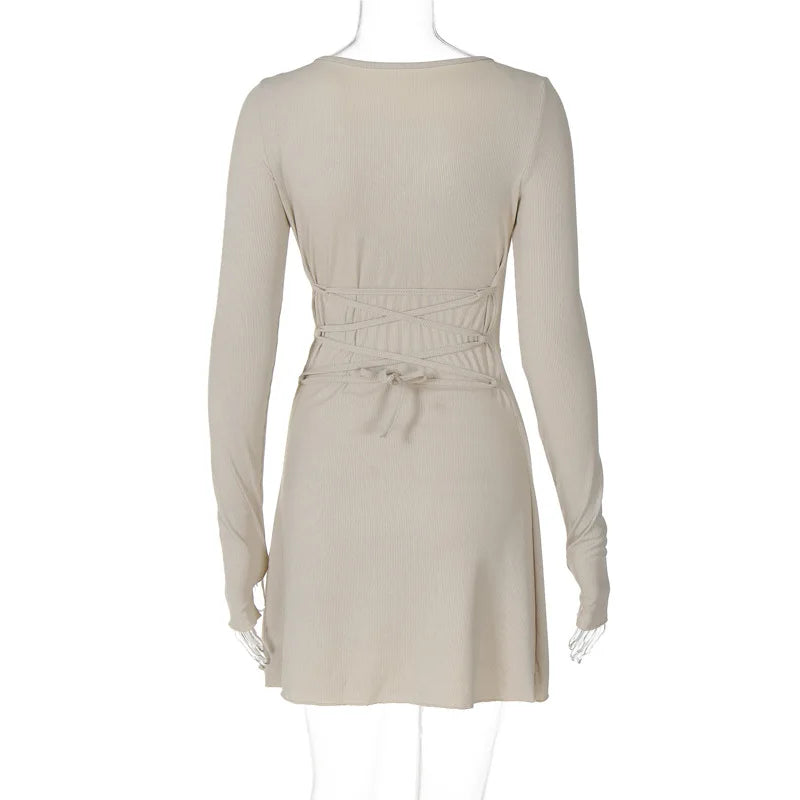 Spring Elegant Pretty Women Dresses New Black Sexy Short Dress Female V Neck Long Sleeve Slim Solid Color Mini Dress