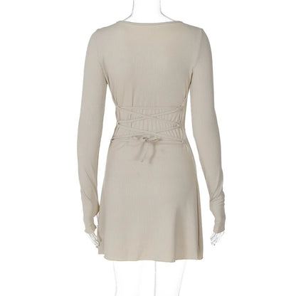 Spring Elegant Pretty Women Dresses New Black Sexy Short Dress Female V Neck Long Sleeve Slim Solid Color Mini Dress
