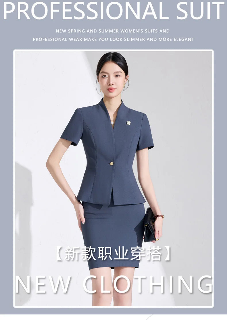 NAVIU Women Formal Suits 2 Pieces Sets Elegant Professional Slim Short Sleeve Blazer And Pants Office Ladies Summer Work Wear