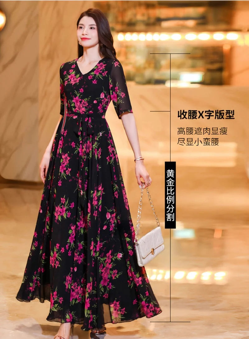 Womens Dresses Fashion Summer Dresses 2024 Summer Senior red Print Dress Long Loose Temperament Waist Loose Big Swing Dress