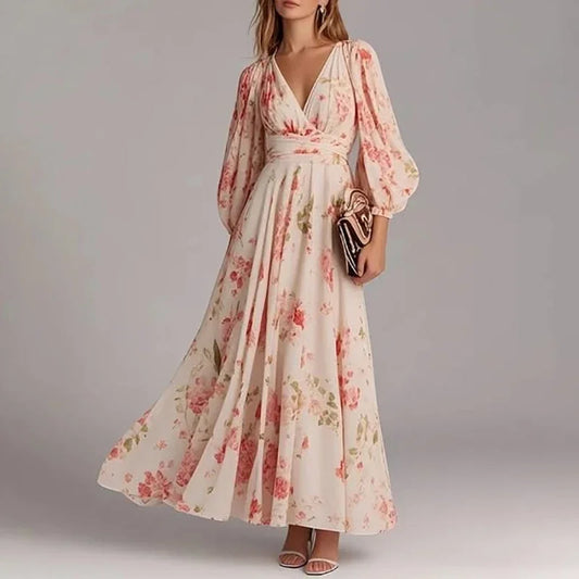 Spring Women V Nec Floral Print Long Sleeve Party Dress Ladies Commute A-Line Pullover Pleated Dress Vestidos Bohemian Dress 202