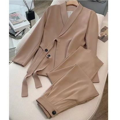 Women's Korean Fashion Long Sleeve Blazer And Wide Leg Pants Two-Piece Set Office Casual Loose Fit Spring Autumn Suits