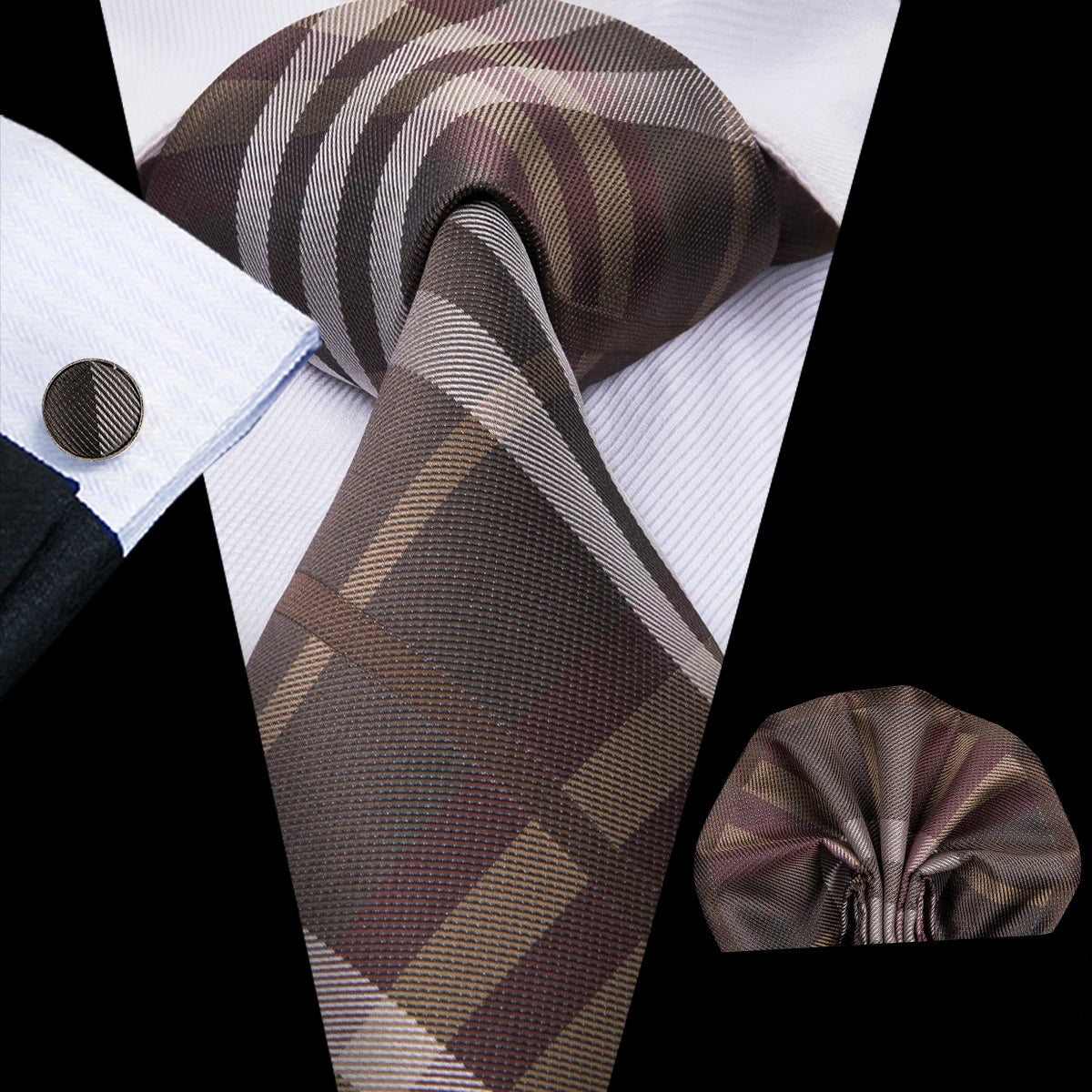 Hi-Tie Paisley Brown Tie For Men Elegant Mens Necktie Pocket Square Cufflink Groom Wedding Accessory Wholesale New Designer